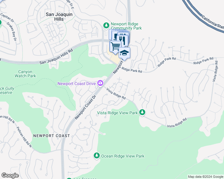 map of restaurants, bars, coffee shops, grocery stores, and more near 18 Tranto Drive in Newport Beach