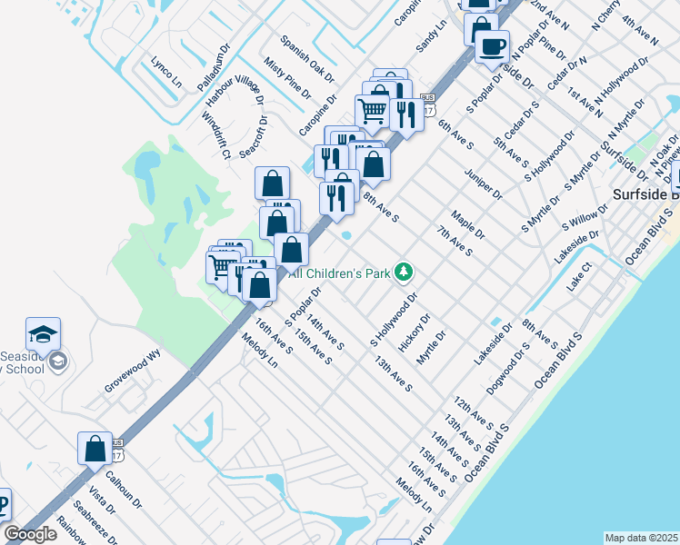map of restaurants, bars, coffee shops, grocery stores, and more near 1019 South Poplar Drive in Surfside Beach