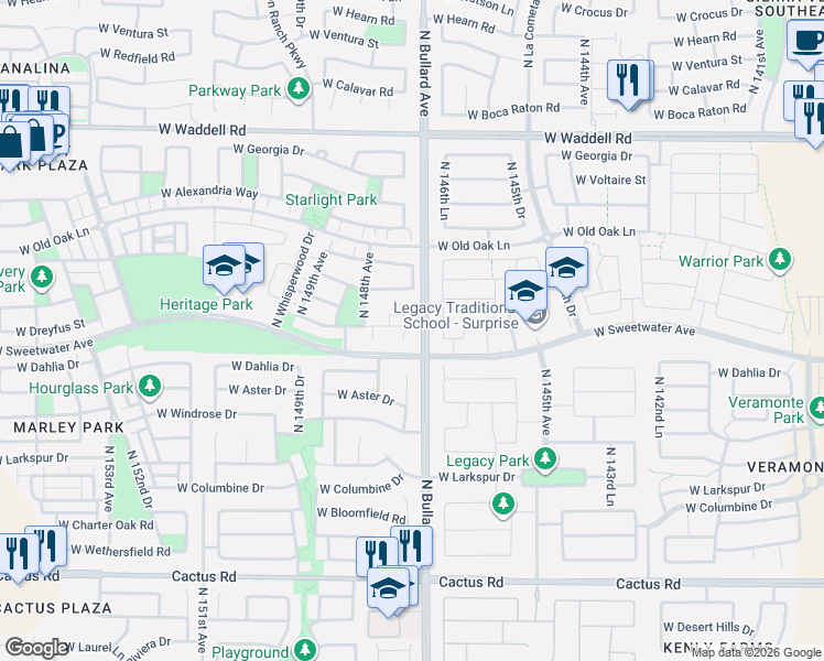 map of restaurants, bars, coffee shops, grocery stores, and more near 13099 North 147th Drive in Surprise
