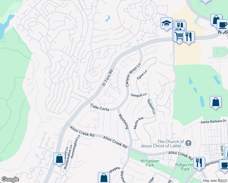map of restaurants, bars, coffee shops, grocery stores, and more near 133 Nightingale Drive in Aliso Viejo