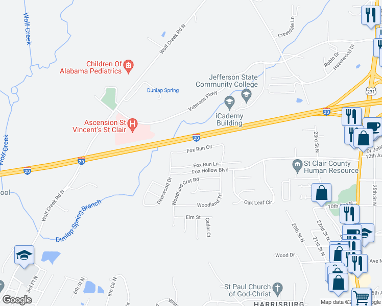 map of restaurants, bars, coffee shops, grocery stores, and more near 470 Fox Run Circle in Pell City