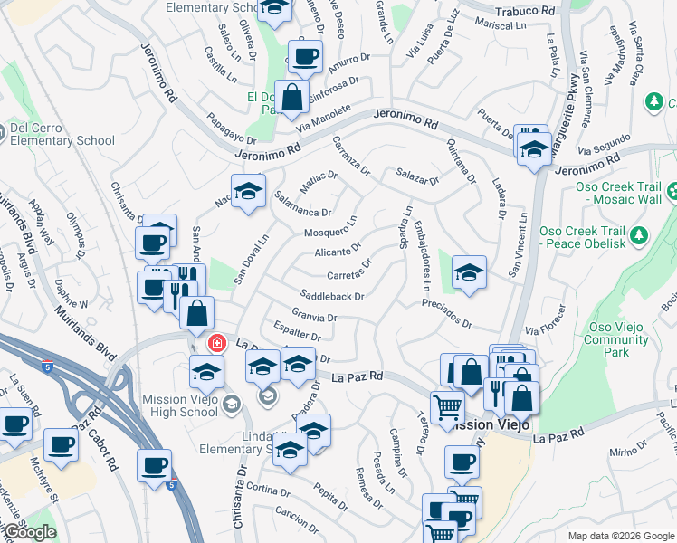 map of restaurants, bars, coffee shops, grocery stores, and more near 26661 Carretas Drive in Mission Viejo