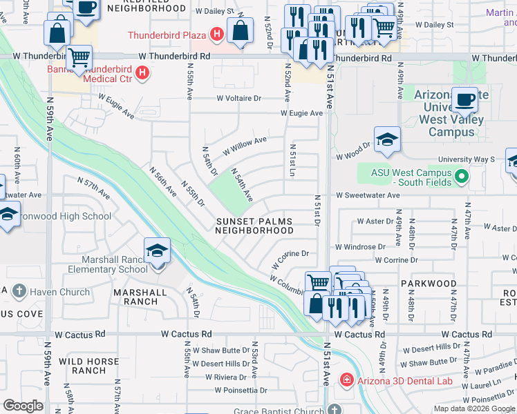 map of restaurants, bars, coffee shops, grocery stores, and more near 5309 West Sweetwater Avenue in Glendale