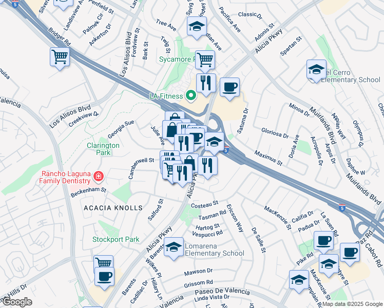 map of restaurants, bars, coffee shops, grocery stores, and more near 24761 Alicia Parkway in Laguna Hills