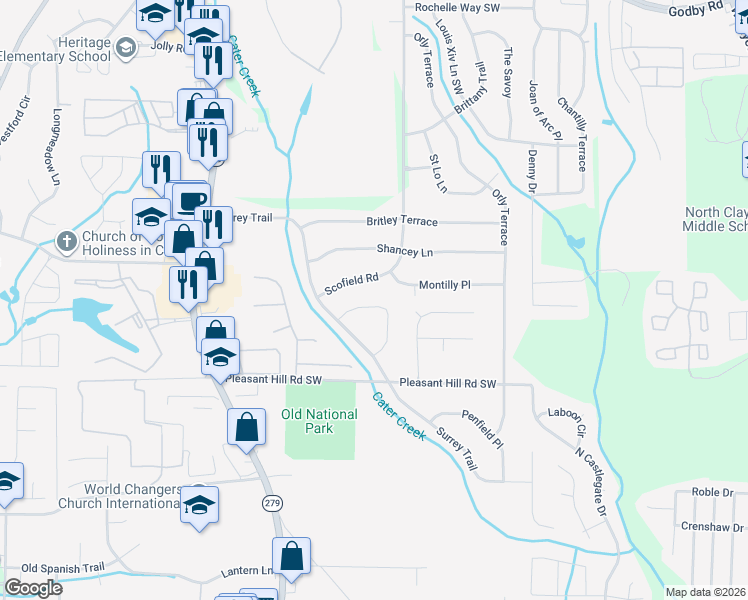 map of restaurants, bars, coffee shops, grocery stores, and more near 5660 Montilly Circle in Atlanta