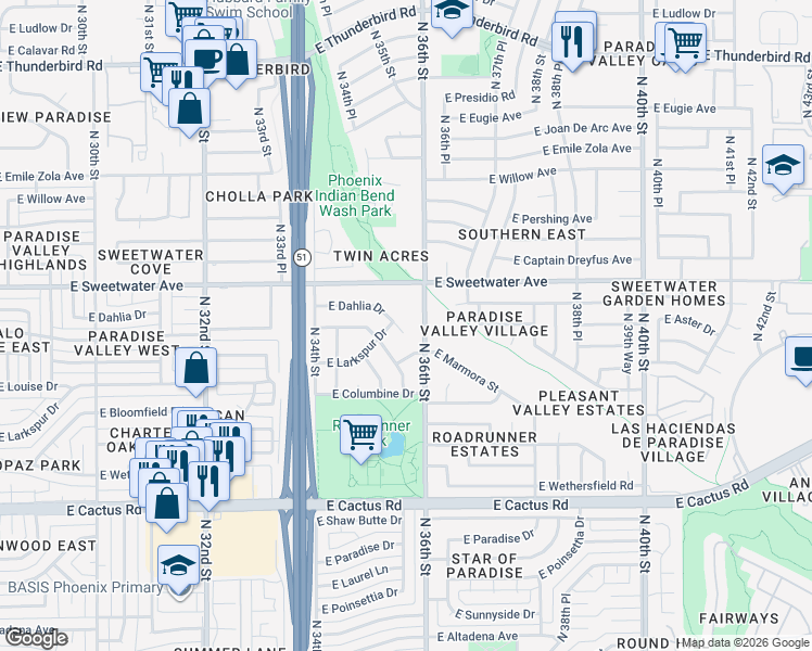 map of restaurants, bars, coffee shops, grocery stores, and more near 3540 East Dahlia Drive in Phoenix