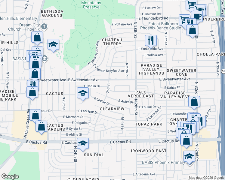 map of restaurants, bars, coffee shops, grocery stores, and more near 2708 East Windrose Drive in Phoenix