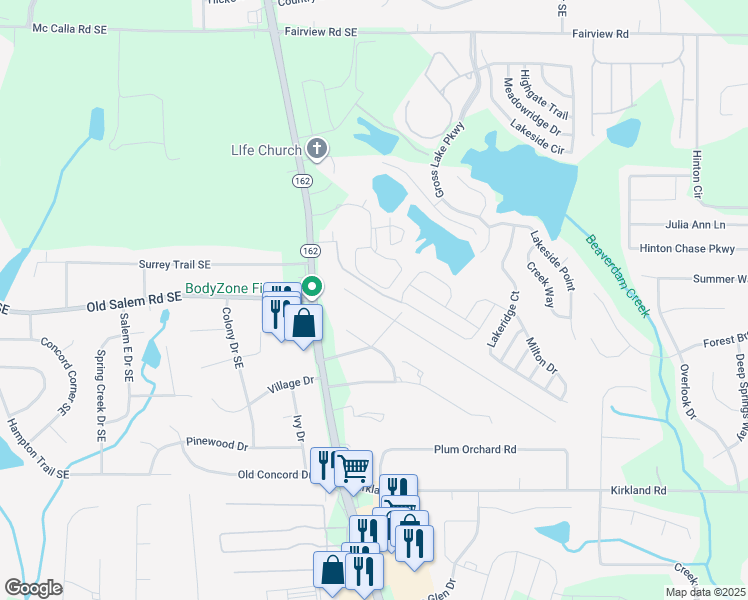 map of restaurants, bars, coffee shops, grocery stores, and more near 3263 Salem Cove Trail Southeast in Conyers