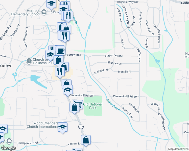 map of restaurants, bars, coffee shops, grocery stores, and more near 2265 Surrey Trail in College Park