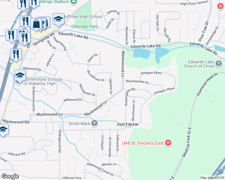 map of restaurants, bars, coffee shops, grocery stores, and more near 817 Hillview Drive in Birmingham