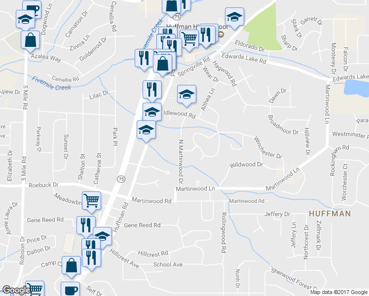 map of restaurants, bars, coffee shops, grocery stores, and more near 943 North Martinwood Drive in Birmingham
