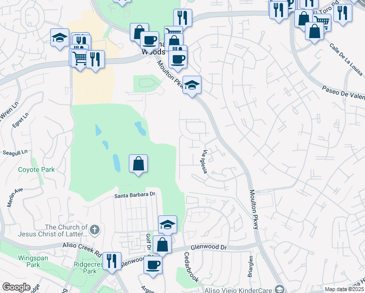map of restaurants, bars, coffee shops, grocery stores, and more near 24742 Via San Rafael in Aliso Viejo