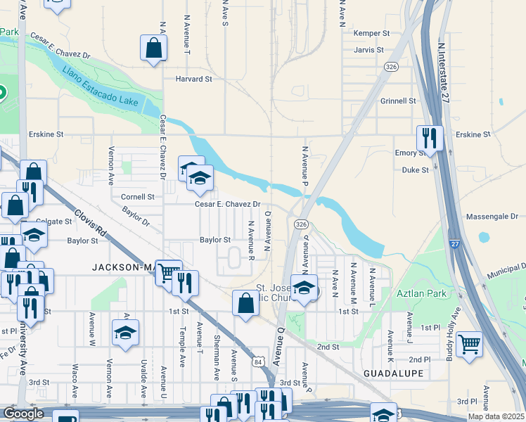 map of restaurants, bars, coffee shops, grocery stores, and more near 325 North Avenue Q in Lubbock