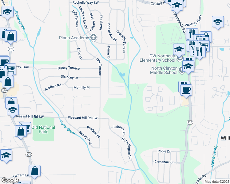 map of restaurants, bars, coffee shops, grocery stores, and more near 5484 Denny Drive in Atlanta