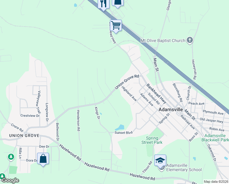 map of restaurants, bars, coffee shops, grocery stores, and more near 317 Union Grove Road in Adamsville