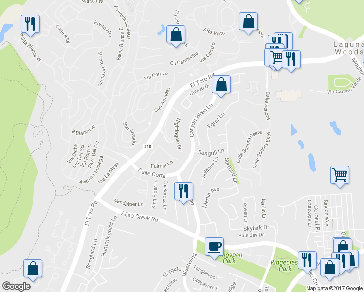 map of restaurants, bars, coffee shops, grocery stores, and more near 148 Nightingale Drive in Aliso Viejo