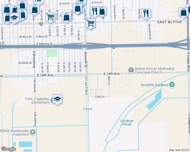 map of restaurants, bars, coffee shops, grocery stores, and more near 840 East 14th Avenue in Blythe