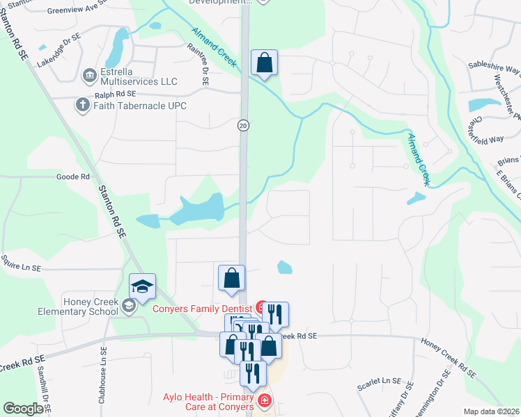map of restaurants, bars, coffee shops, grocery stores, and more near 1014 Duke Drive Southeast in Conyers