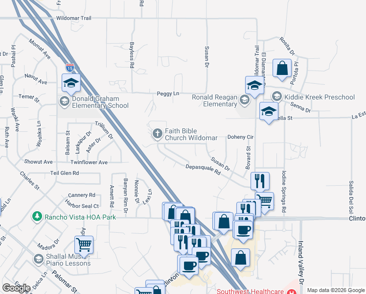 map of restaurants, bars, coffee shops, grocery stores, and more near 23643 Glazebrook Road in Wildomar