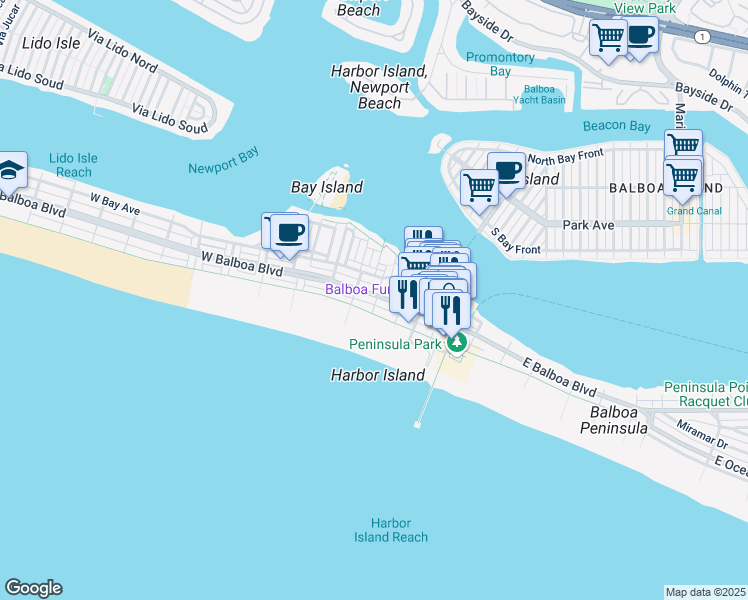 map of restaurants, bars, coffee shops, grocery stores, and more near 319 East Balboa Boulevard in Newport Beach