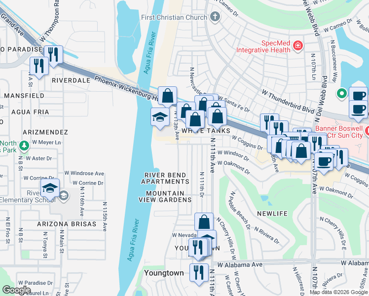 map of restaurants, bars, coffee shops, grocery stores, and more near 13021 North 113th Avenue in Youngtown