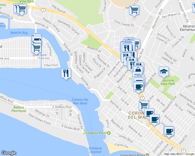 map of restaurants, bars, coffee shops, grocery stores, and more near 418 Angelita Drive in Newport Beach