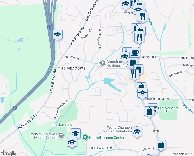 map of restaurants, bars, coffee shops, grocery stores, and more near 5485 Twin Lakes Drive in Atlanta