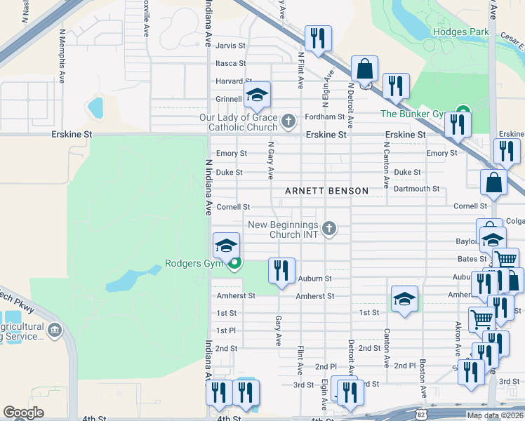 map of restaurants, bars, coffee shops, grocery stores, and more near 3211 Cornell Street in Lubbock