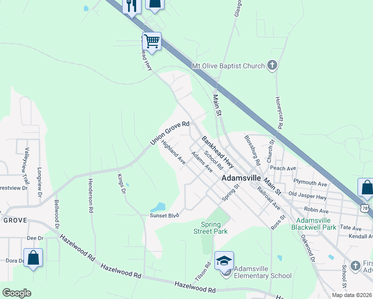 map of restaurants, bars, coffee shops, grocery stores, and more near 5317 Adams Avenue in Adamsville