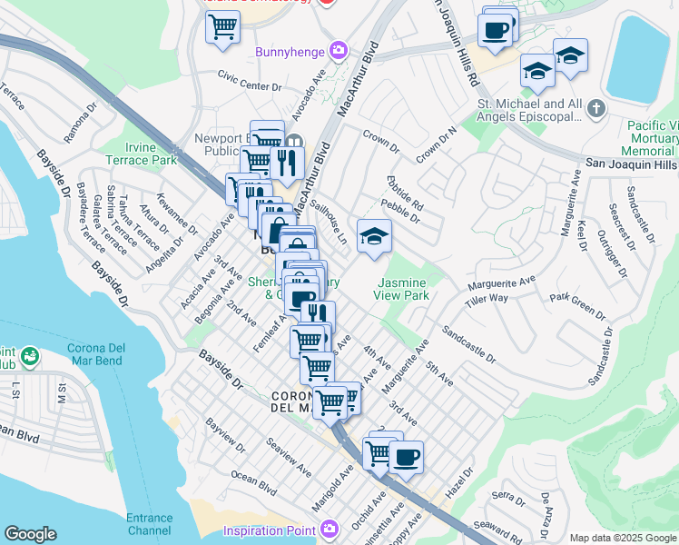 map of restaurants, bars, coffee shops, grocery stores, and more near 2726 Point Del Mar in Newport Beach