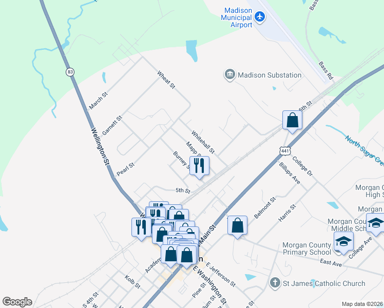 map of restaurants, bars, coffee shops, grocery stores, and more near 1052 Mapp Street in Madison
