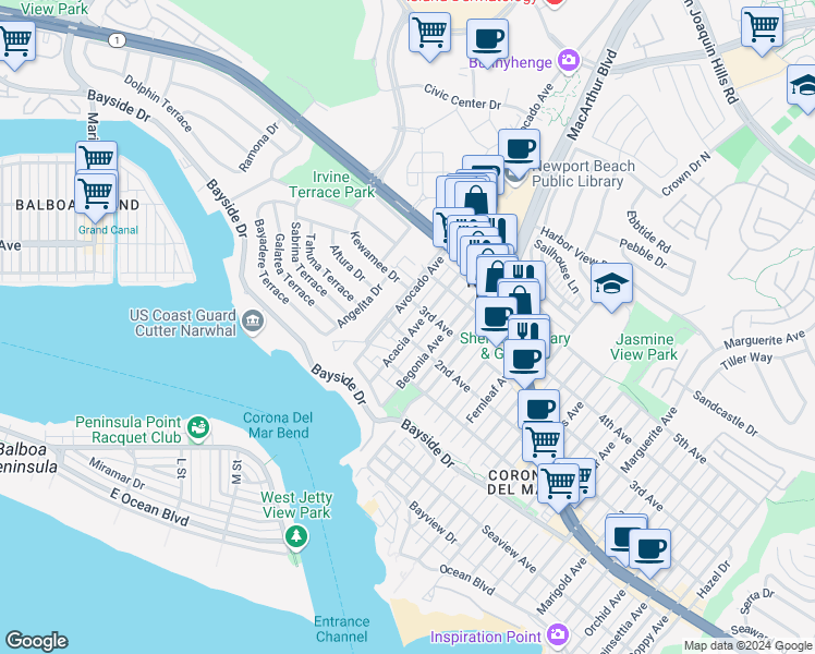 map of restaurants, bars, coffee shops, grocery stores, and more near Acacia Avenue in Newport Beach