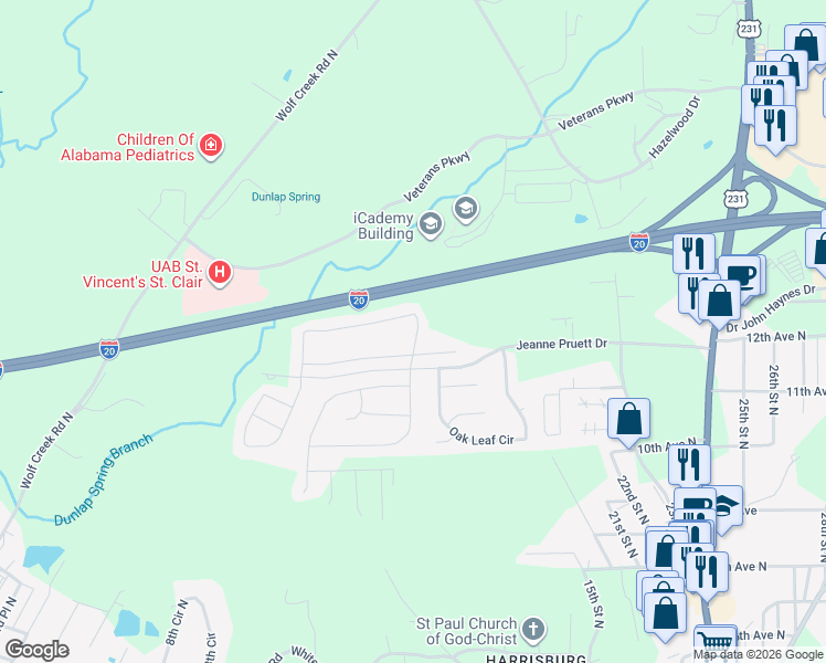 map of restaurants, bars, coffee shops, grocery stores, and more near 612 Fox Run Circle in Pell City