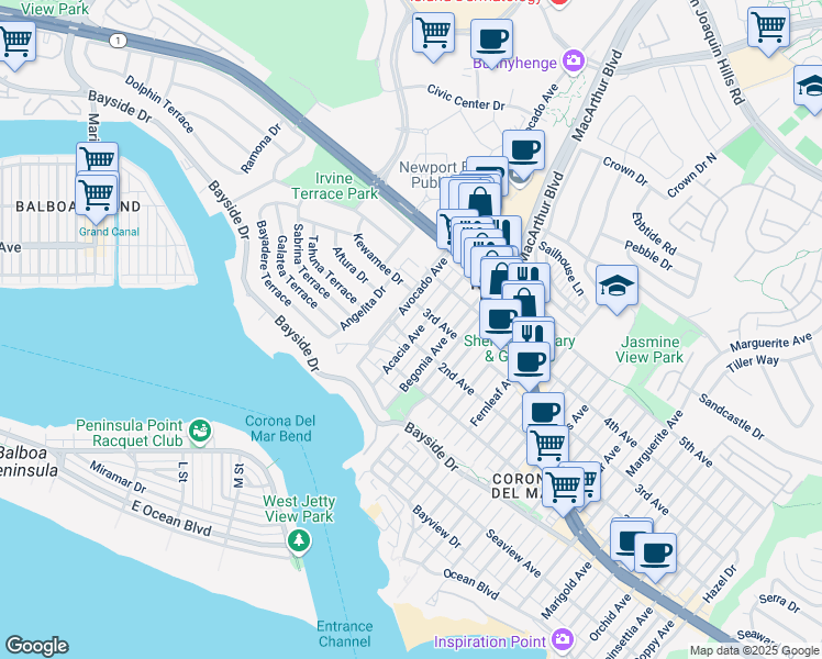 map of restaurants, bars, coffee shops, grocery stores, and more near 505 Acacia Avenue in Newport Beach