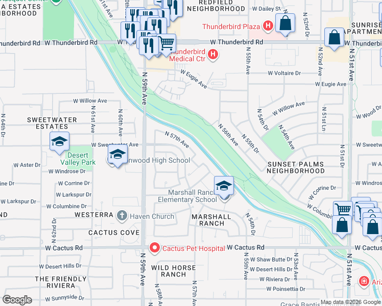 map of restaurants, bars, coffee shops, grocery stores, and more near 12816 North 57th Avenue in Glendale