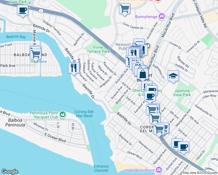 map of restaurants, bars, coffee shops, grocery stores, and more near 431 Avocado Avenue in Newport Beach