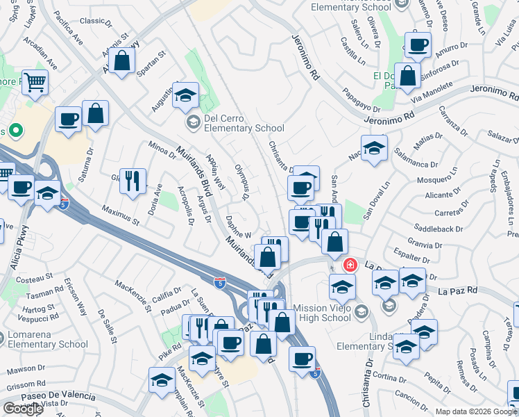 map of restaurants, bars, coffee shops, grocery stores, and more near 26005 Andrea Court in Mission Viejo