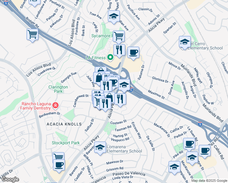map of restaurants, bars, coffee shops, grocery stores, and more near 24761 Alicia Parkway in Laguna Hills