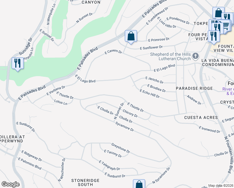 map of restaurants, bars, coffee shops, grocery stores, and more near 15628 East Thistle Drive in Fountain Hills