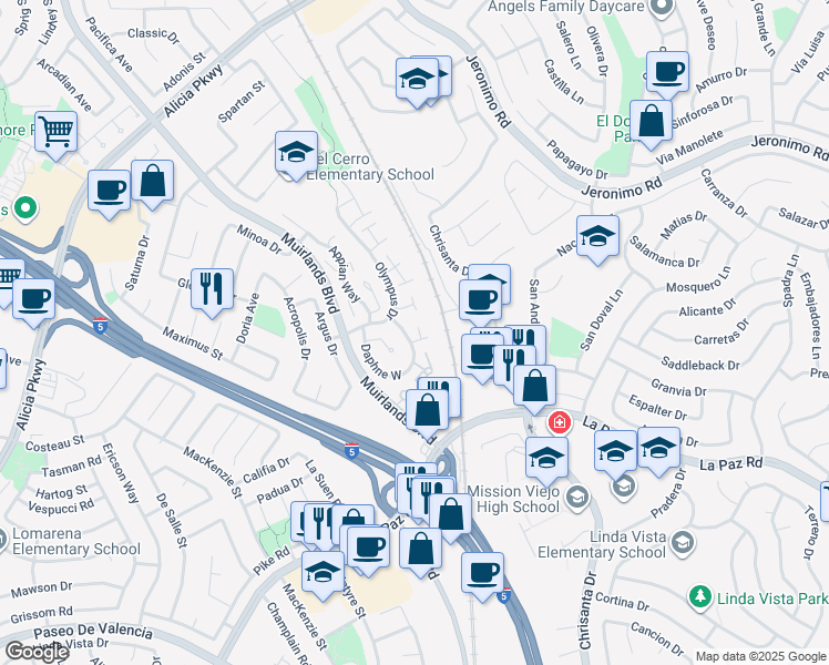 map of restaurants, bars, coffee shops, grocery stores, and more near 26005 Andrea Court in Mission Viejo