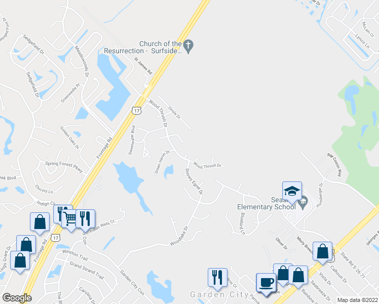 map of restaurants, bars, coffee shops, grocery stores, and more near 2006 Bobwhite Court in Murrells Inlet