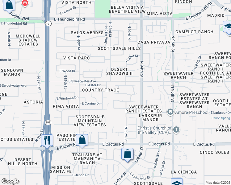 map of restaurants, bars, coffee shops, grocery stores, and more near 12850 North 92nd Place in Scottsdale