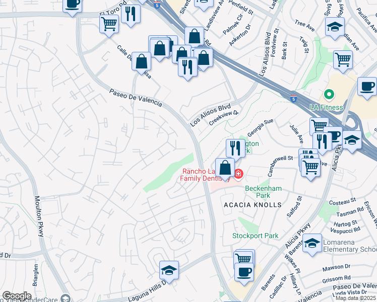 map of restaurants, bars, coffee shops, grocery stores, and more near 170 Avenida Majorca in Laguna Woods