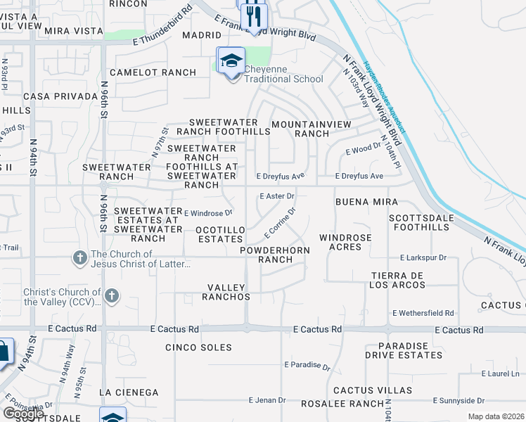 map of restaurants, bars, coffee shops, grocery stores, and more near 10088 East Windrose Drive in Scottsdale