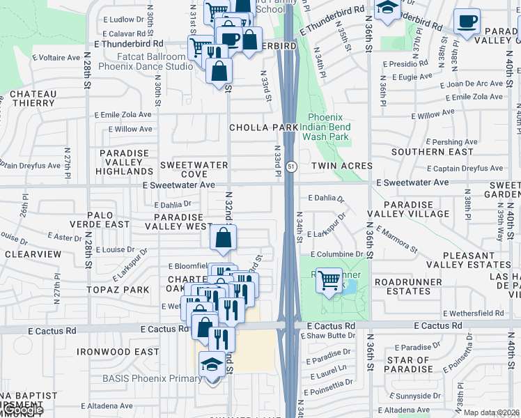 map of restaurants, bars, coffee shops, grocery stores, and more near 3248 East Windrose Drive in Phoenix
