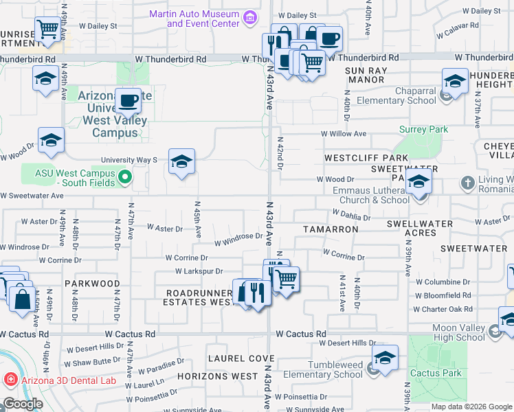 map of restaurants, bars, coffee shops, grocery stores, and more near 4310 West Dahlia Drive in Glendale