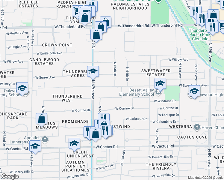 map of restaurants, bars, coffee shops, grocery stores, and more near 6535 West Sweetwater Avenue in Glendale