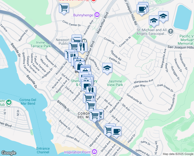 map of restaurants, bars, coffee shops, grocery stores, and more near 2726 Point Del Mar in Newport Beach