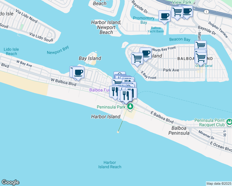 map of restaurants, bars, coffee shops, grocery stores, and more near 204 Adams Street in Newport Beach