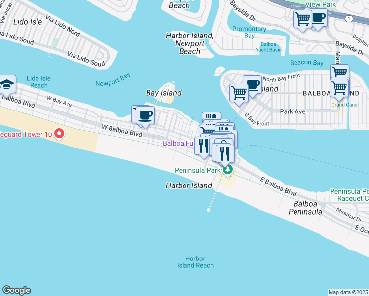 map of restaurants, bars, coffee shops, grocery stores, and more near 319 East Balboa Boulevard in Newport Beach
